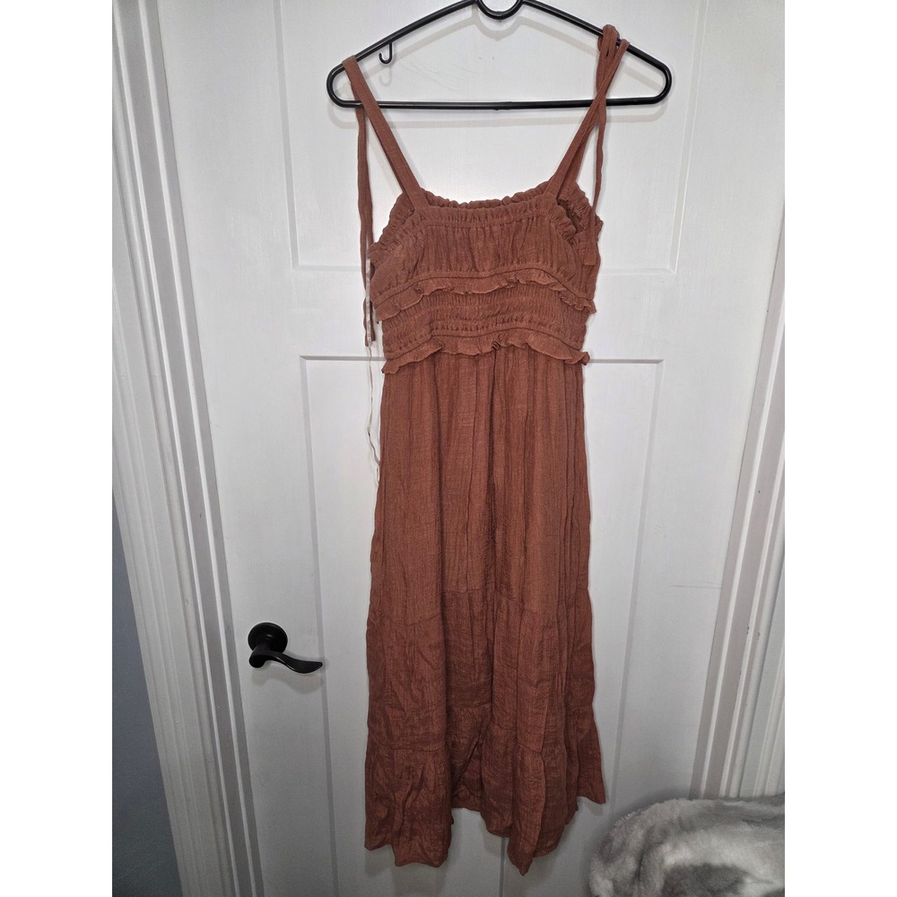 Rust Brown Smocked Tiered Midi Dress Tie Shoulder Boho Summer Large - Picture 2 of 3